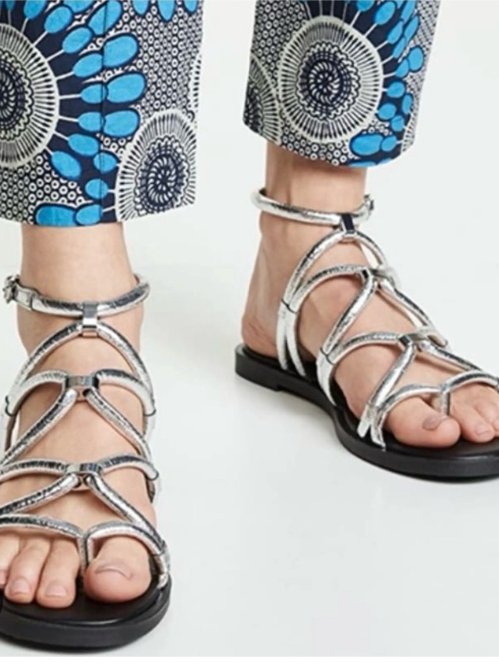 Rebecca Minkoff Sarle Metallic Silver Strappy Flat Sandals